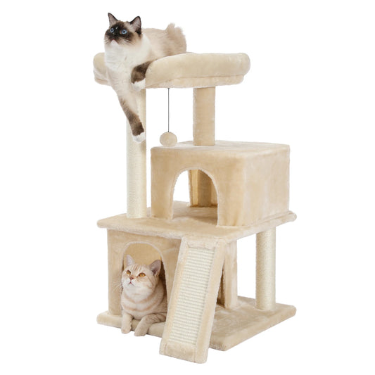 Cat Tree Multilevel Cat Tower with Double Condos, Spacious Perch, Fully Wrapped Scratching Sisal Post and Replaceable Balls