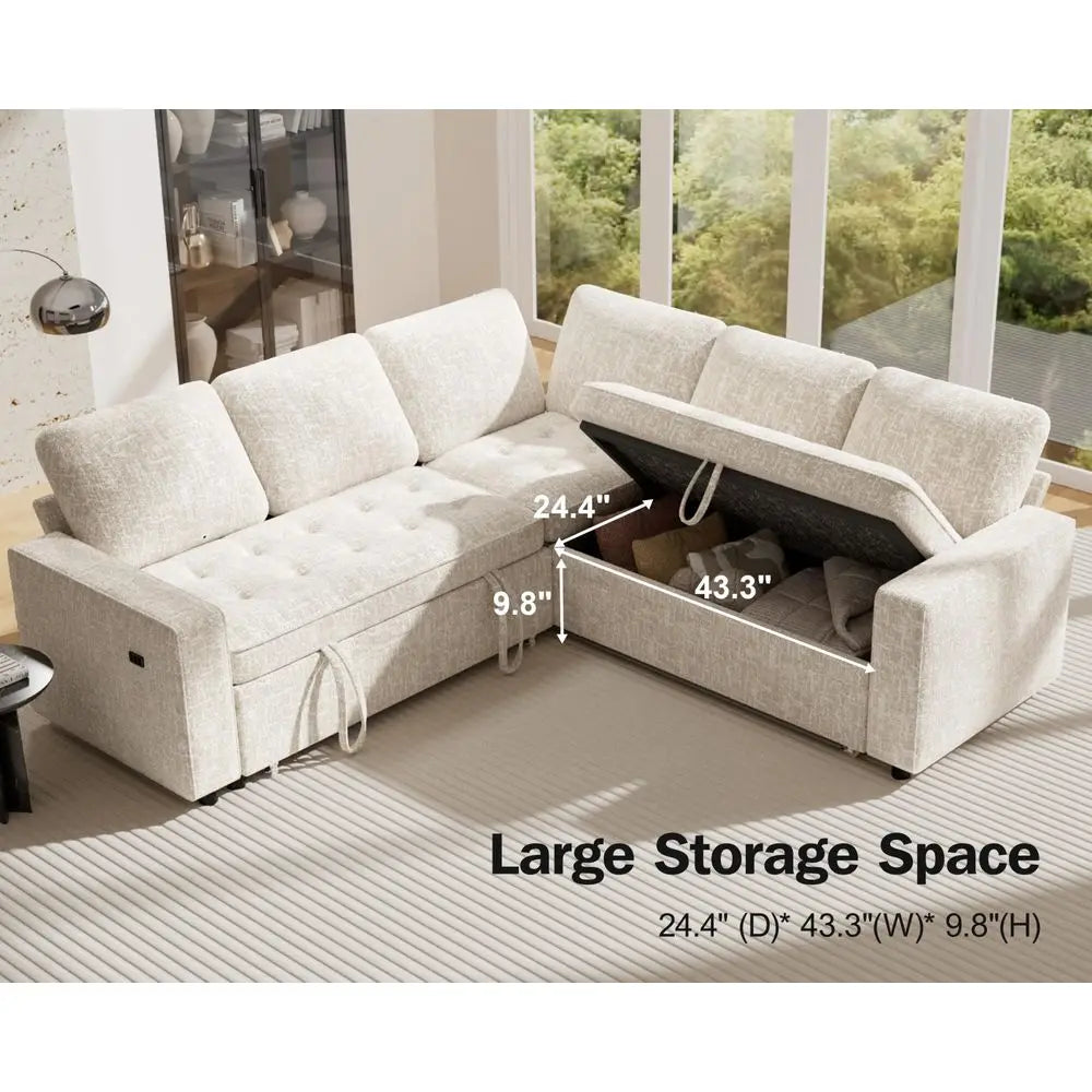 5 Seat L Shaped Modular Sectional Sleeper Sofa Bed with Pull Out Bed Reclining Backrest USB Ports Storage Seat, Sectional Sleep