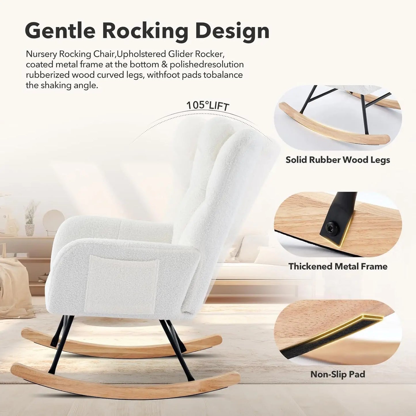 Studyset Teddy Boucle Nursery Rocker With Side Pocket High Back