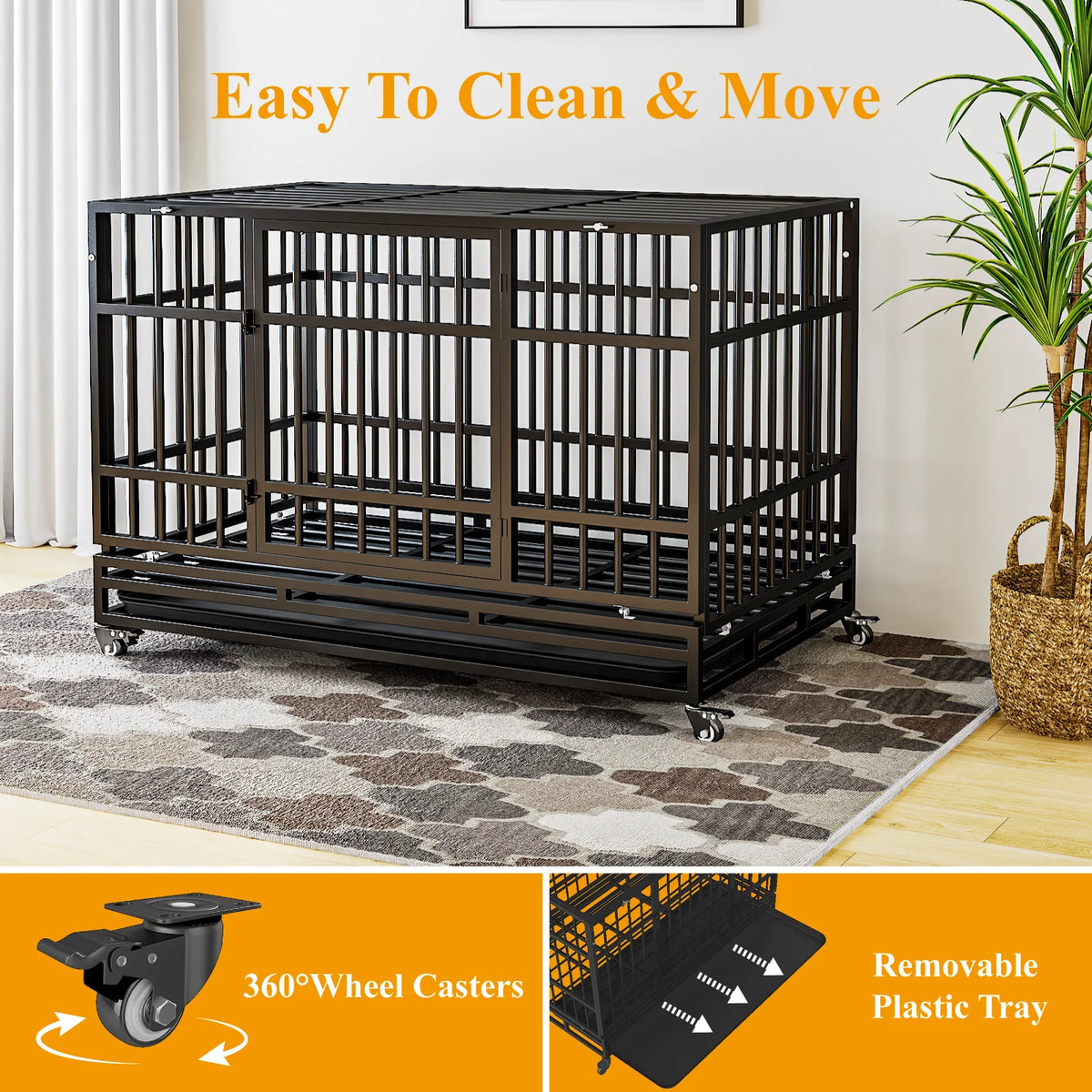 48" Heavy Duty Dog Crate, Escape-Proof Steel Cage for High Anxiety Dogs with Double Doors, Lockable Wheels & Removable Tray, Indoor Outdoor