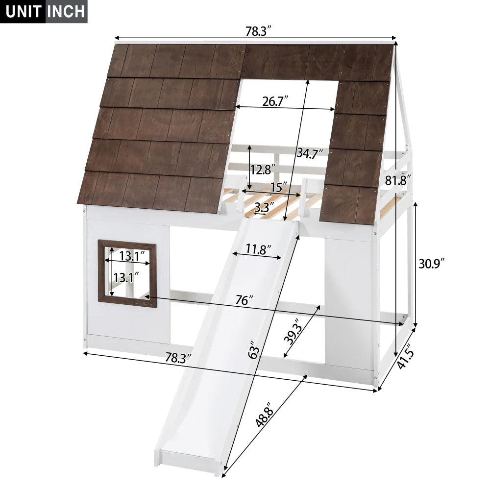 Wooden House Bunk Bed With Roof Ladder And Slide
