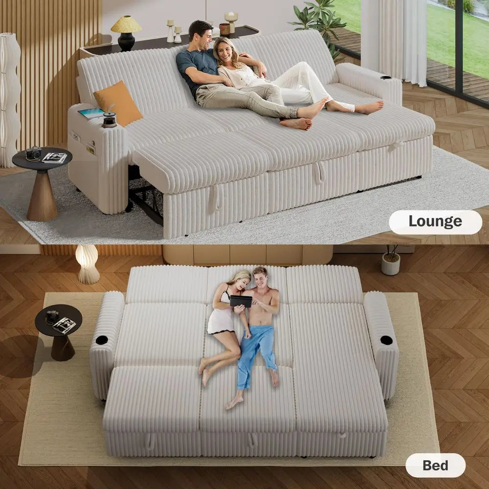 101 Plush Corduroy L Shaped Sectional Sleeper Sofa Bed with Pull Out Bed, Reclining Backrest, Reversible Storage Chaise, USB Po