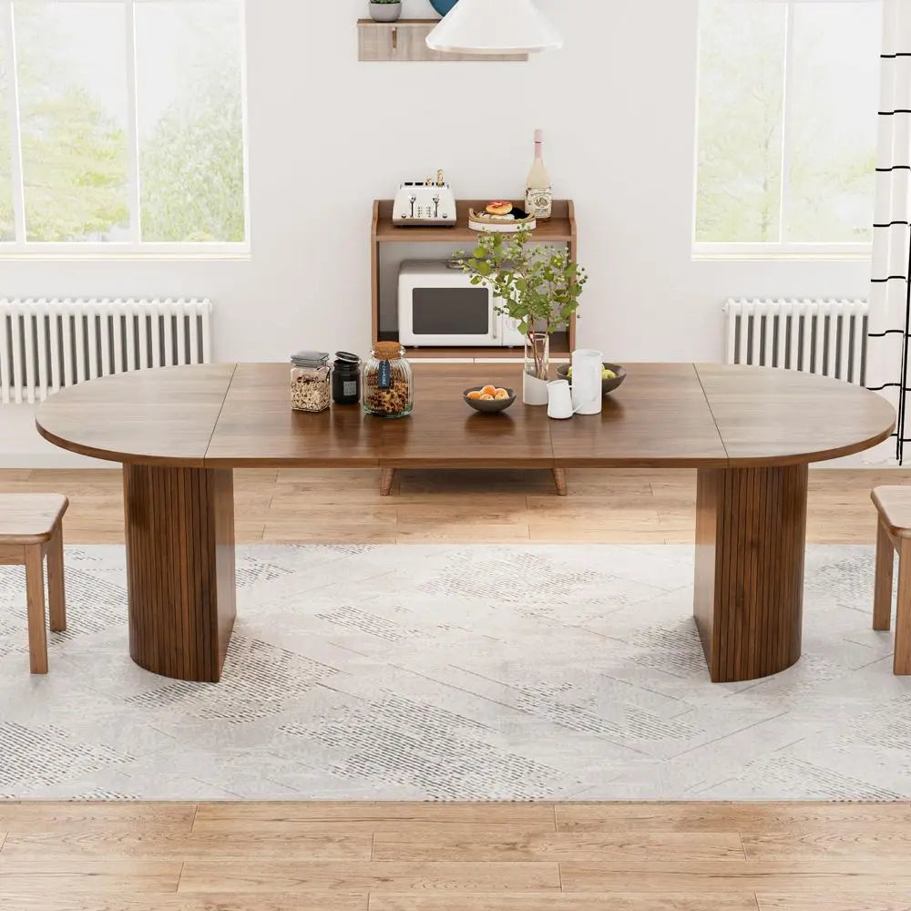Inch Long Round Extendable Dining Table for 410, Space Saving Oval Large Dinner Kitchen Table with 3 Leaf, 2 Storage, Fluted Mi