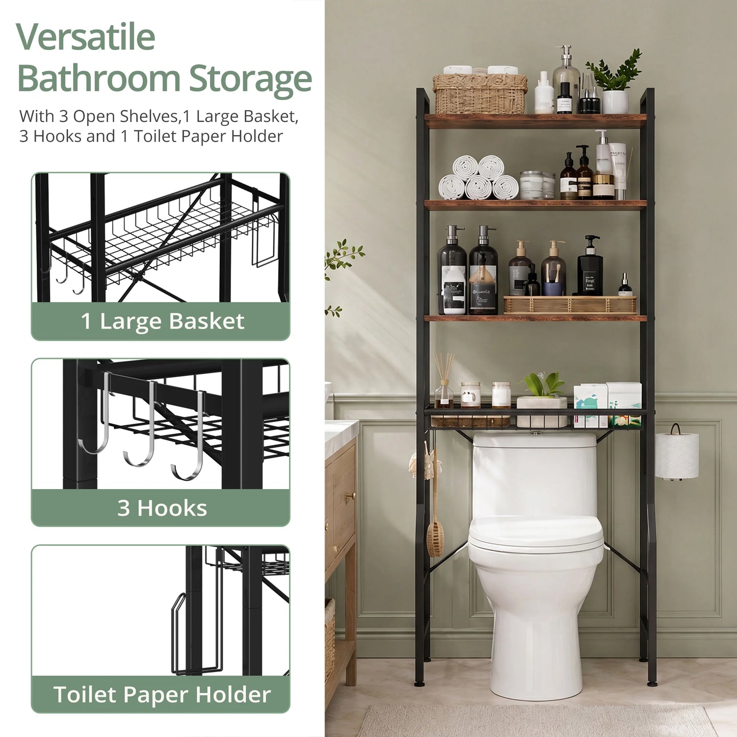 JHK 4 Tier Freestanding Bathroom Over Toilet Storage Organizer Rack