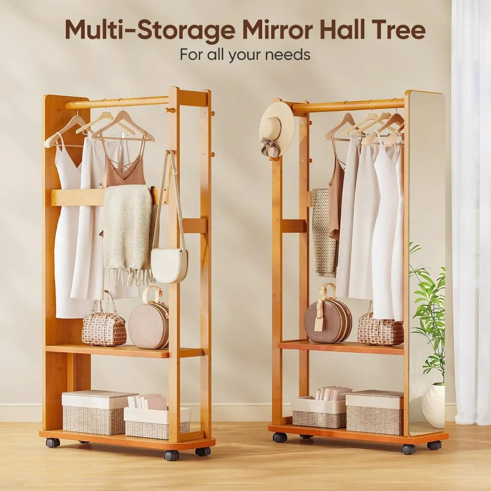 Bamboo Coat Rack, Mirror Coat Tree Stand with Shelves and Hooks, Freestanding Clothes Coat Hanger Stand, Bedroom/Living Room/Ent