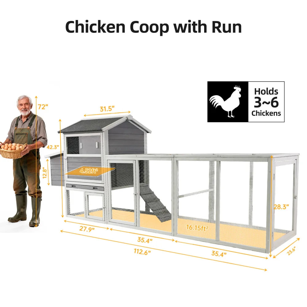 large main house Gray Wooden Chicken Coop Large Outdoor Hen Run Nesting Box Poultry Cage Rabbit Hutch Waterproof Anti-UV Panel