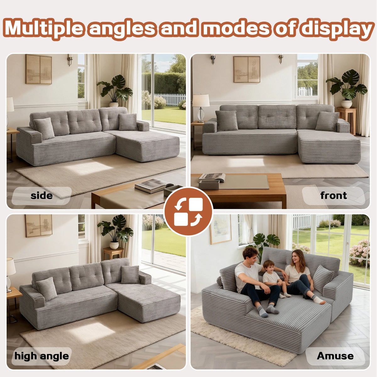 107'' Boneless Couch Cloud Sectional Couch Sofa Modular Comfy L-Shape Couch with Chaise for Living Room Sofas