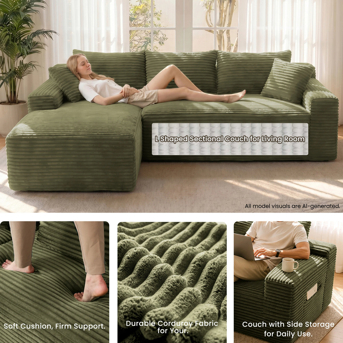 95" Modular Sectional Sofa with Chaise, Deep Seat Corduroy Cloud Couch, No Assembly Modern L Shaped Sofa for Living Room, Oversized Comfortable Lounge Couch Furniture, Space Saving Apartment Sofa, Cozy Home Seating with Remov