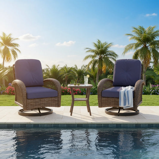 Outdoor 3 Piece Patio Set With Rotating Rocking Cushioned Chairs