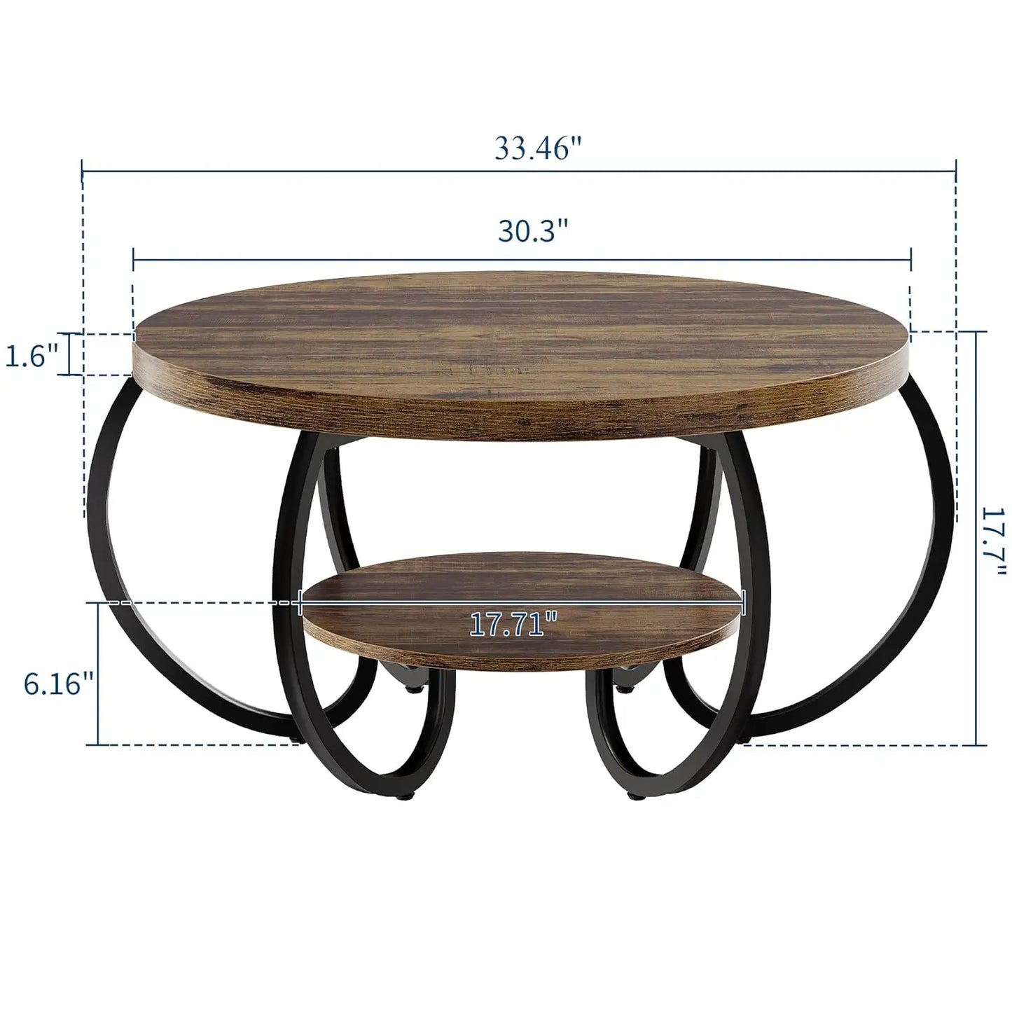 Round Coffee Table 30 in Center Table, 2-Tier Coffee Table Industrial Center Tables with Adjustable Feet, Living, Customized