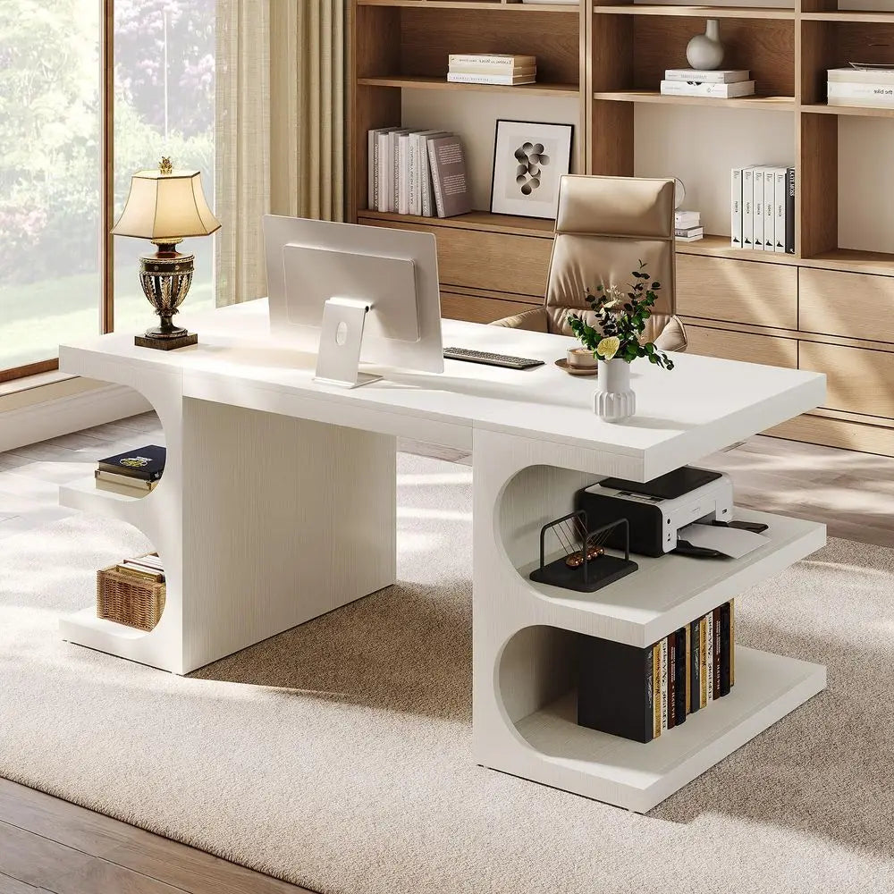 White Executive Office Desk, 63 Computer Desk with Storage Shelves, Modern Wood Study Writing Table, Large Workstation Business