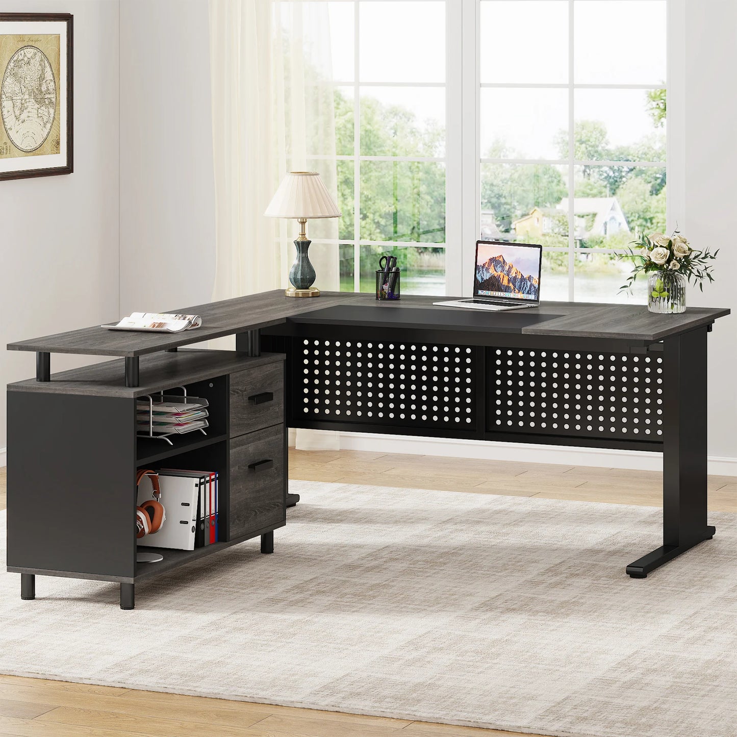 Tribesigns 63 Inch Executive Desk with File Cabinet, Large Office Desk L Shaped Computer Desk with Drawers and Storage Shelves