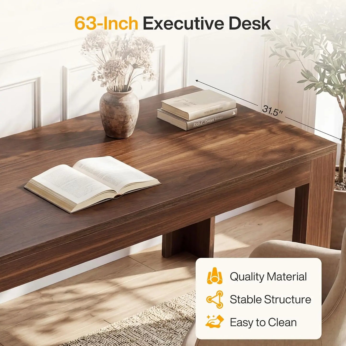63" Modern Home Office Desk, Long Wooden Computer Desk, Walnut | Large Executive Office Desk for Home Office 31.5", Customized