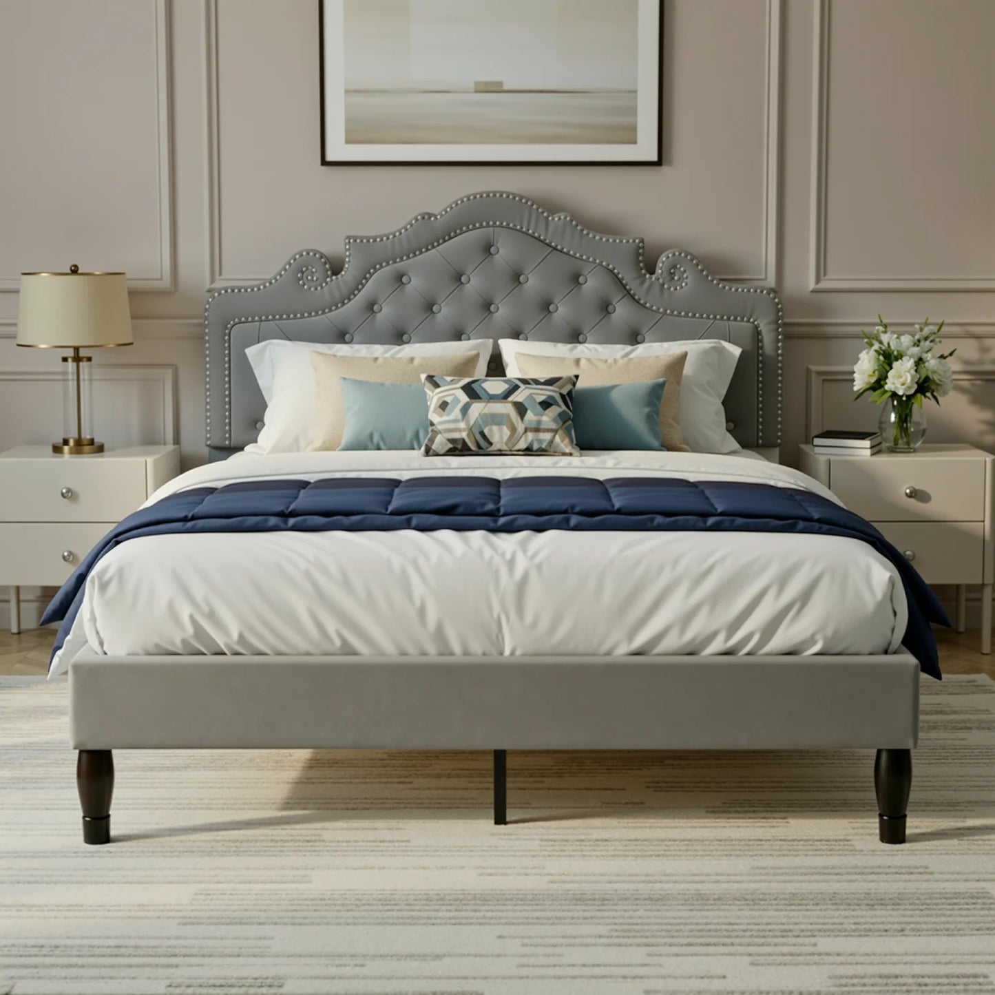 Hoomic Velvet Upholstered Bed With Diamond Tufted Adjustable Headboard