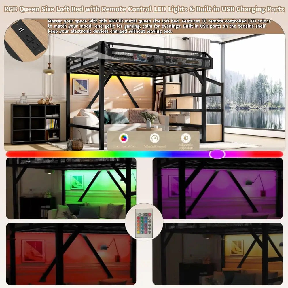Queen Loft Bed with Storage Stairs, Shelves and Builtin Wardrobe, Metal Loft Bed Frame with USB Ports and LED Lights, NoiseRedu