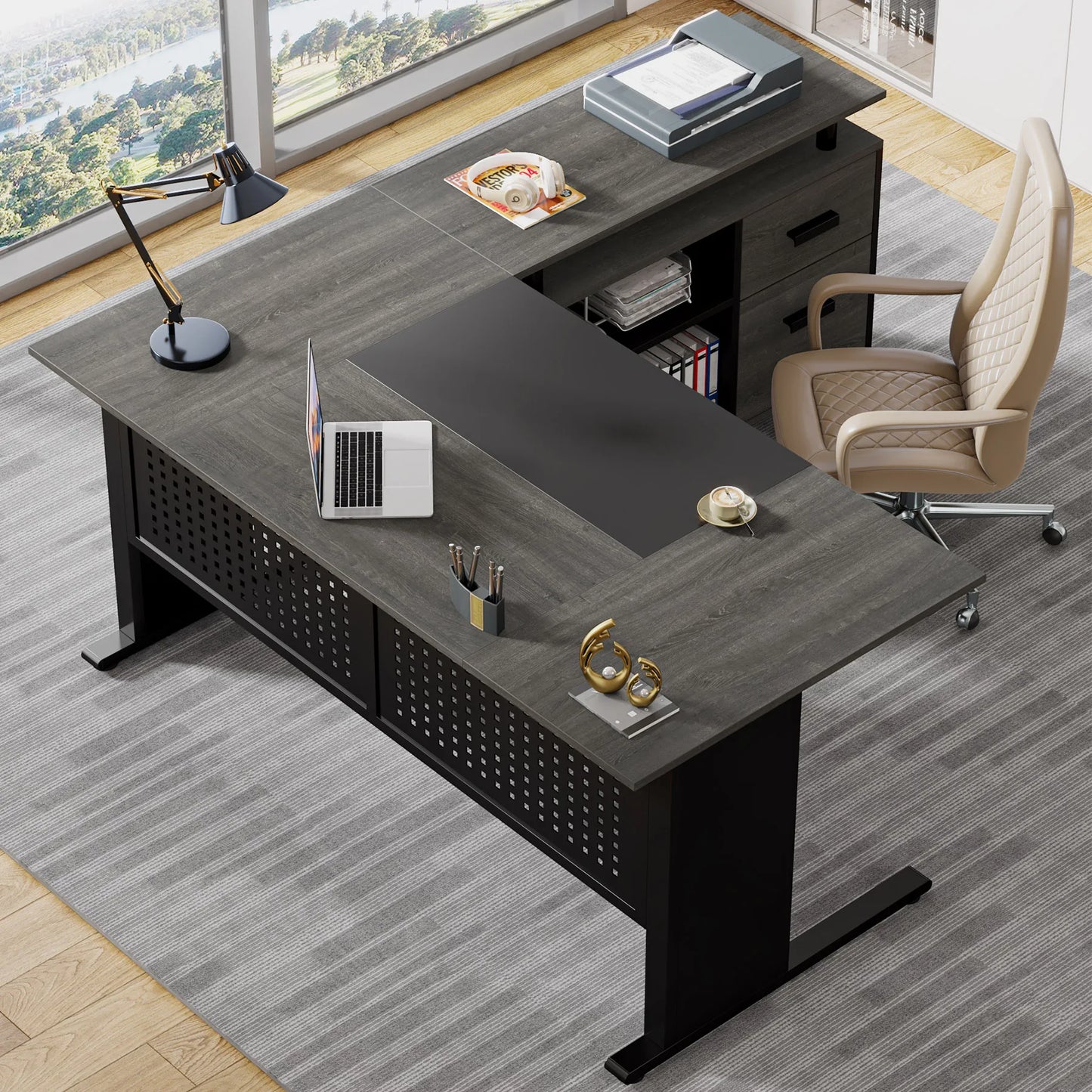 Tribesigns 63 Inch Executive Desk with File Cabinet, Large Office Desk L Shaped Computer Desk with Drawers and Storage Shelves