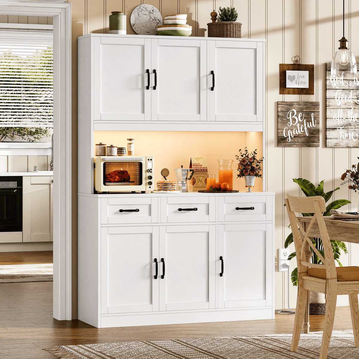 72" Tall Kitchen Pantry Storage Cabinet with RGB LED, Hutch Cabinet with Charging Station and Adjustable Shelves for Dining Room, White