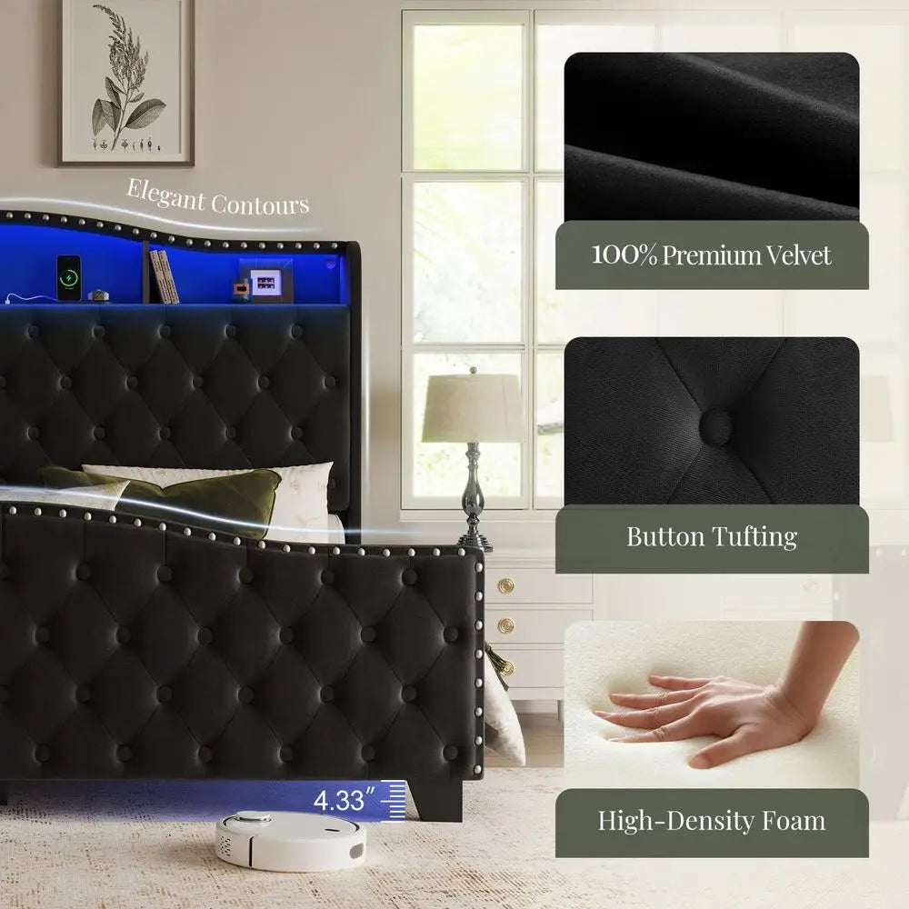 King Size Bed Frame and Headboard, 50.9 Velvet Upholstered Wingback Bedframe with LED Lights amp Storage Charging Station, Butt