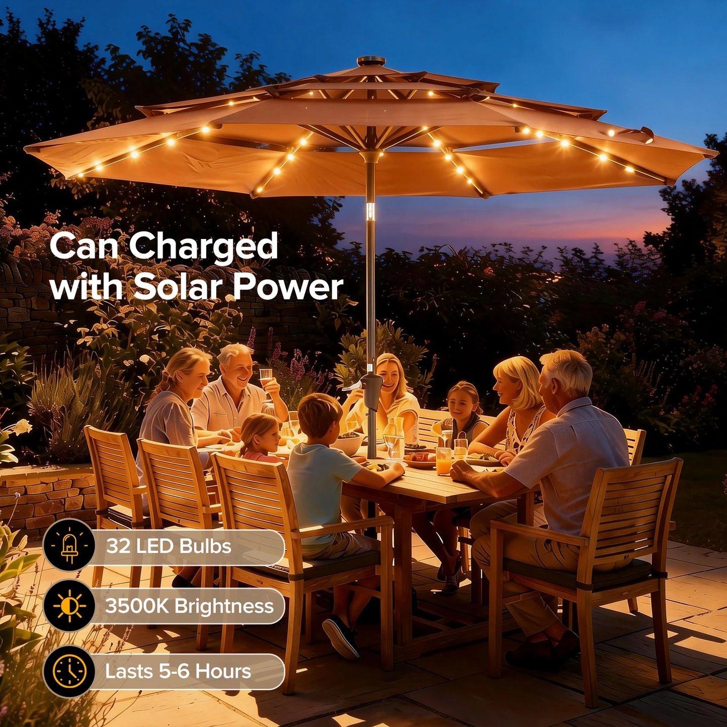 JHK Outdoor Patio Umbrella With 32 LED Lights Crank And Sturdy Ribs