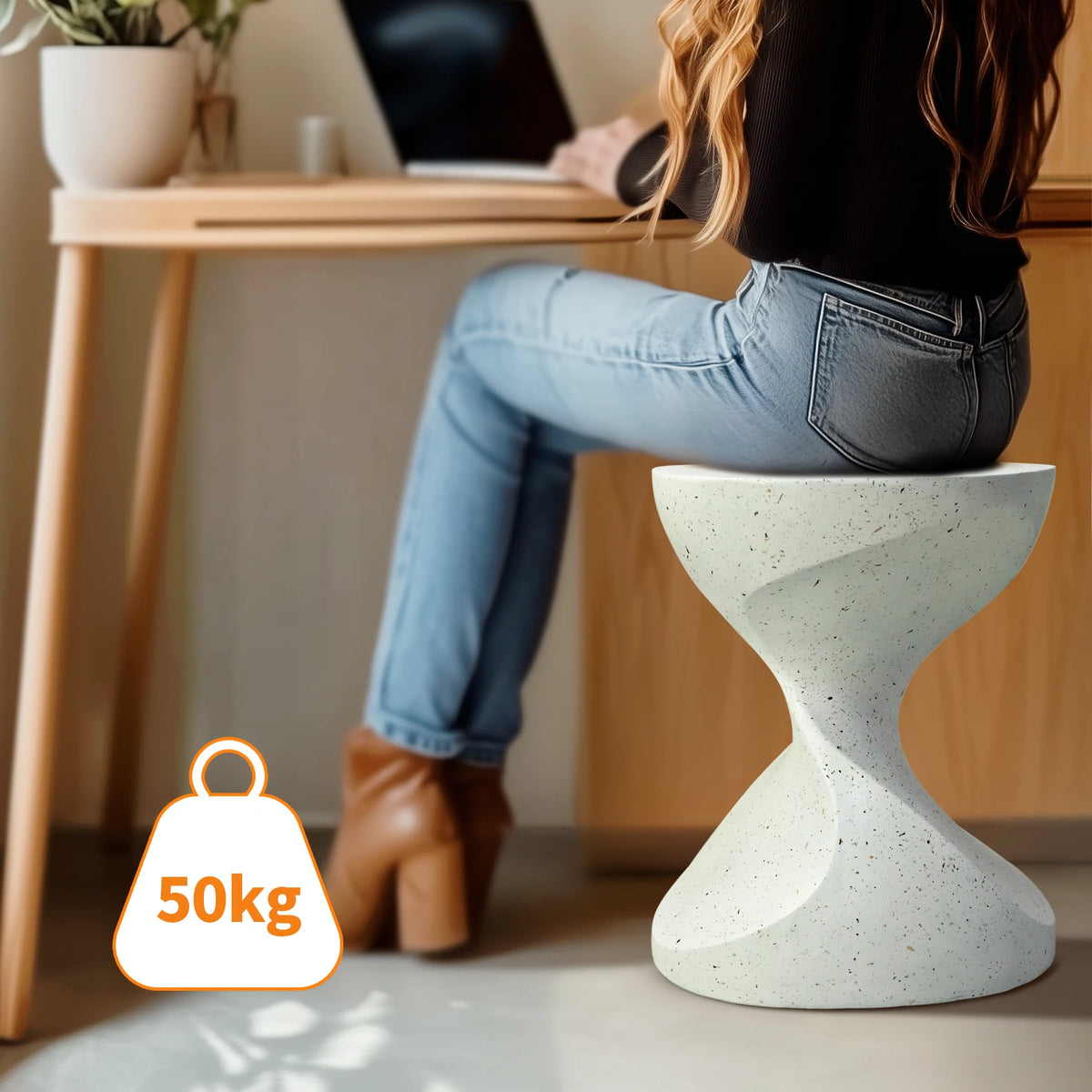 Hourglass Shaped Lightweight Concrete Side Table White Bedside Accent End Table for Living Room, Balcony