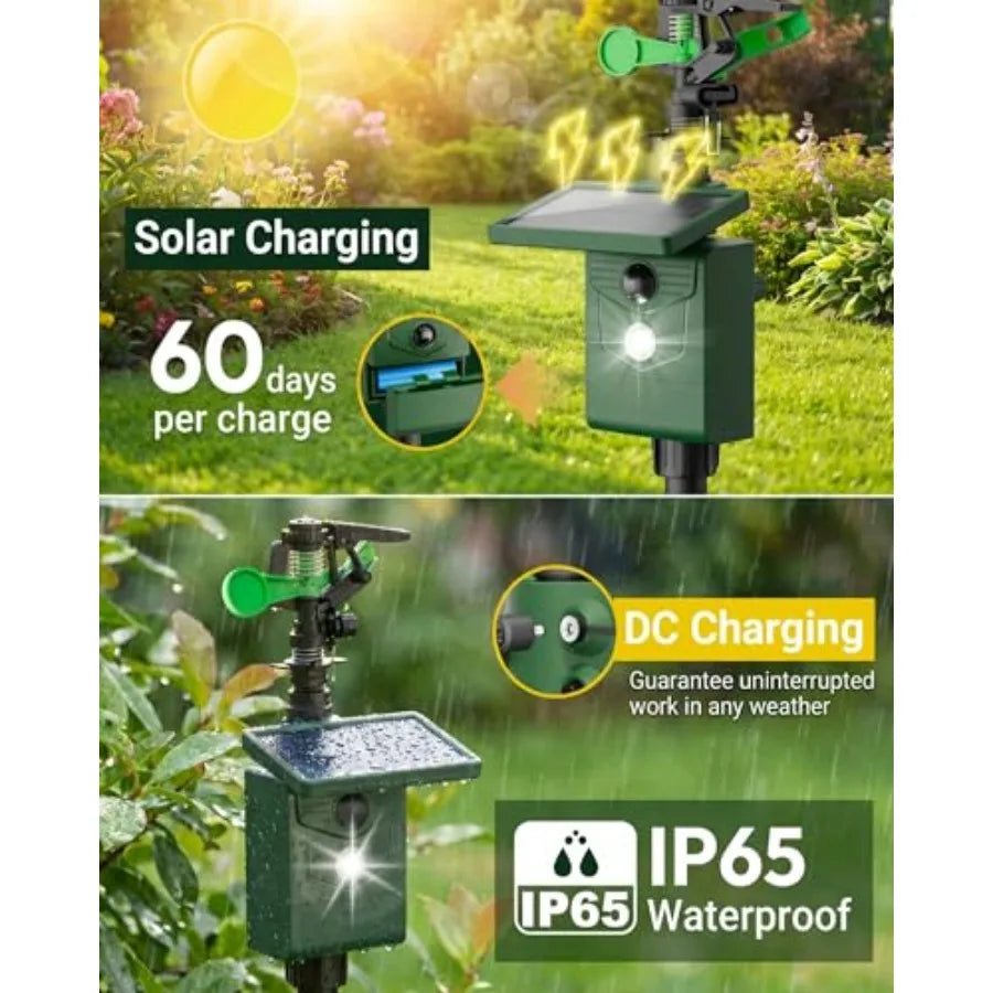 Outdoor motion-activated solar sprinkler for deer, cat, raccoon deterrence; weather-resistant ABS plastic, black finish, 120 de