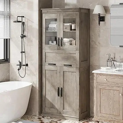67 Tall Bathroom Cabinet with 4 Doors & Flip Glass Drawer, Storage Cabinet with Adjustable Shelves, Freestanding Organize