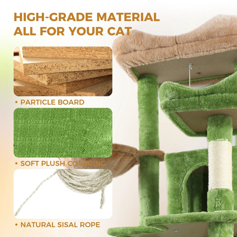 68-Inch Tall Green Multi-Level Cat Tree for Indoor Cats, Particle Board Cat Tower with Hammocks, Hanging Basket, Cat Cave, Removable Cushion, Scratching Posts and Plush Top Perch, Cat Furniture for Climbing and Resting, Green