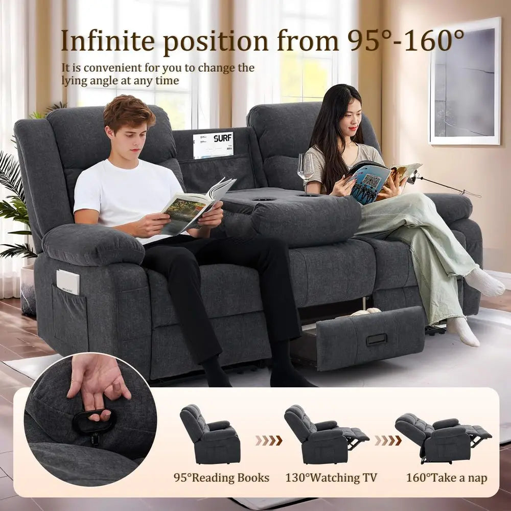 Recliner Sofa, Reclining Loveseat with Console, Oversized Reclining Couch with Drop Down Table, 3Seater Sofa with Cup Holder an