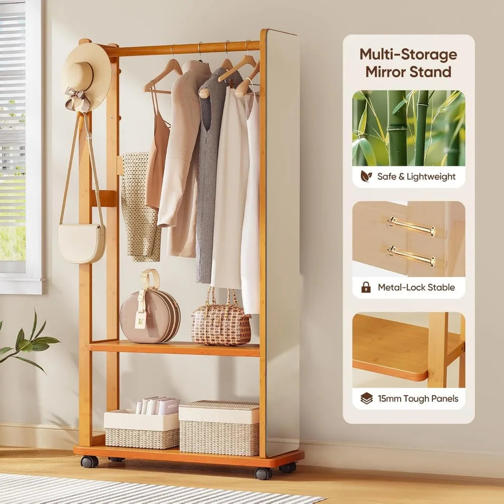 Bamboo Coat Rack, Mirror Coat Tree Stand with Shelves and Hooks, Freestanding Clothes Coat Hanger Stand, Bedroom/Living Room/Ent
