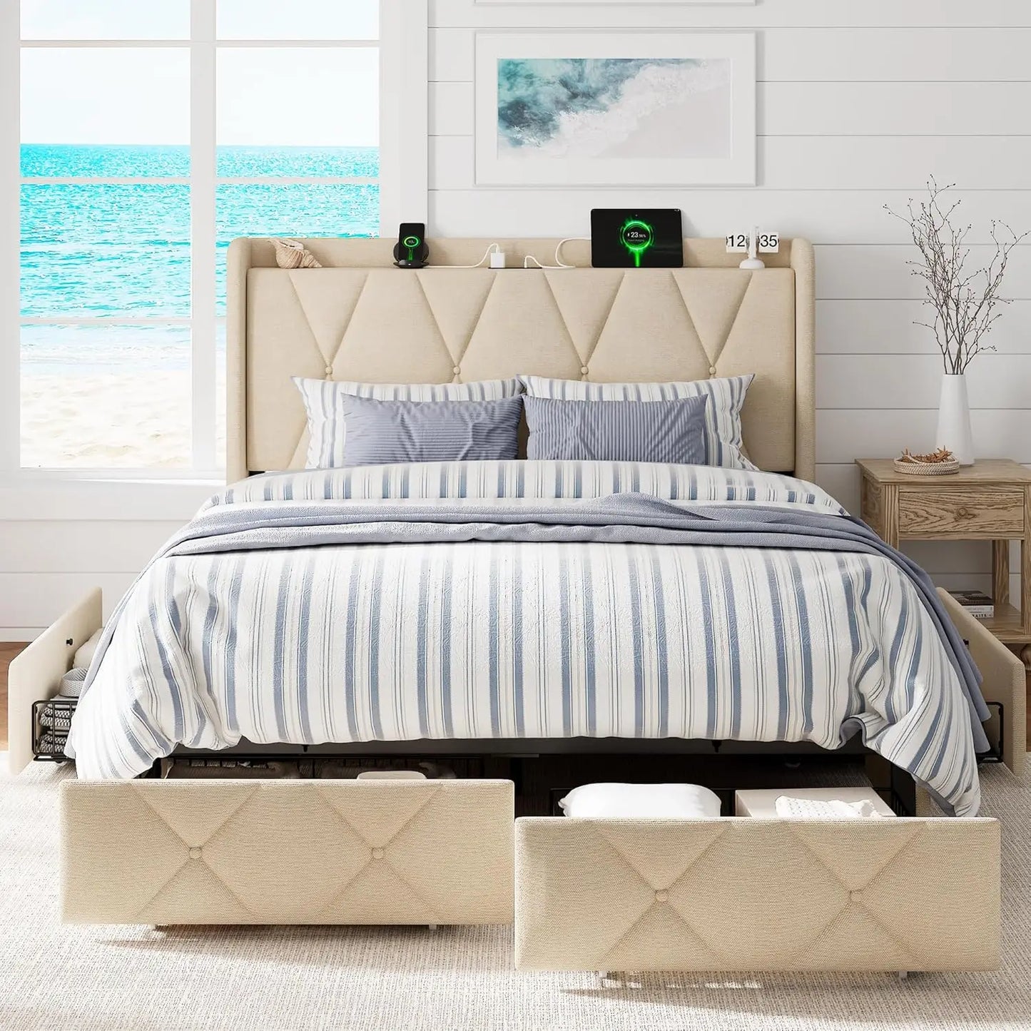Full Size Upholstered Bed with 4 Storage Drawers, Charging Station, Wingback Headboard, Noise-Free, Black, Customized