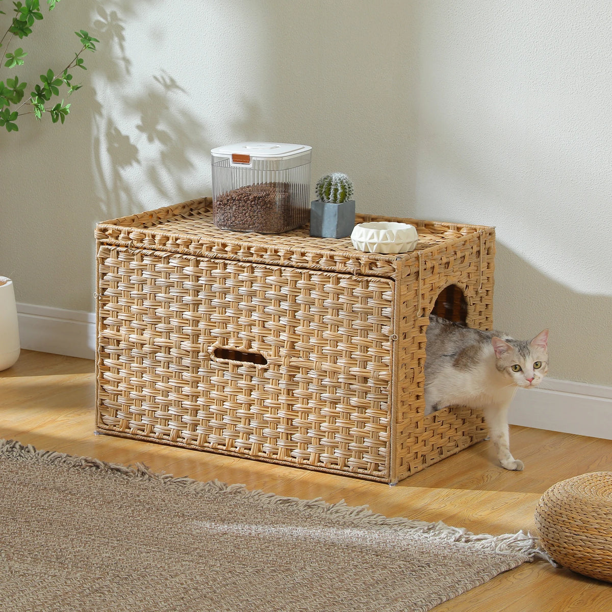 PEQULTI Rattan Cat Litter Box Enclosure With Flip Up Design