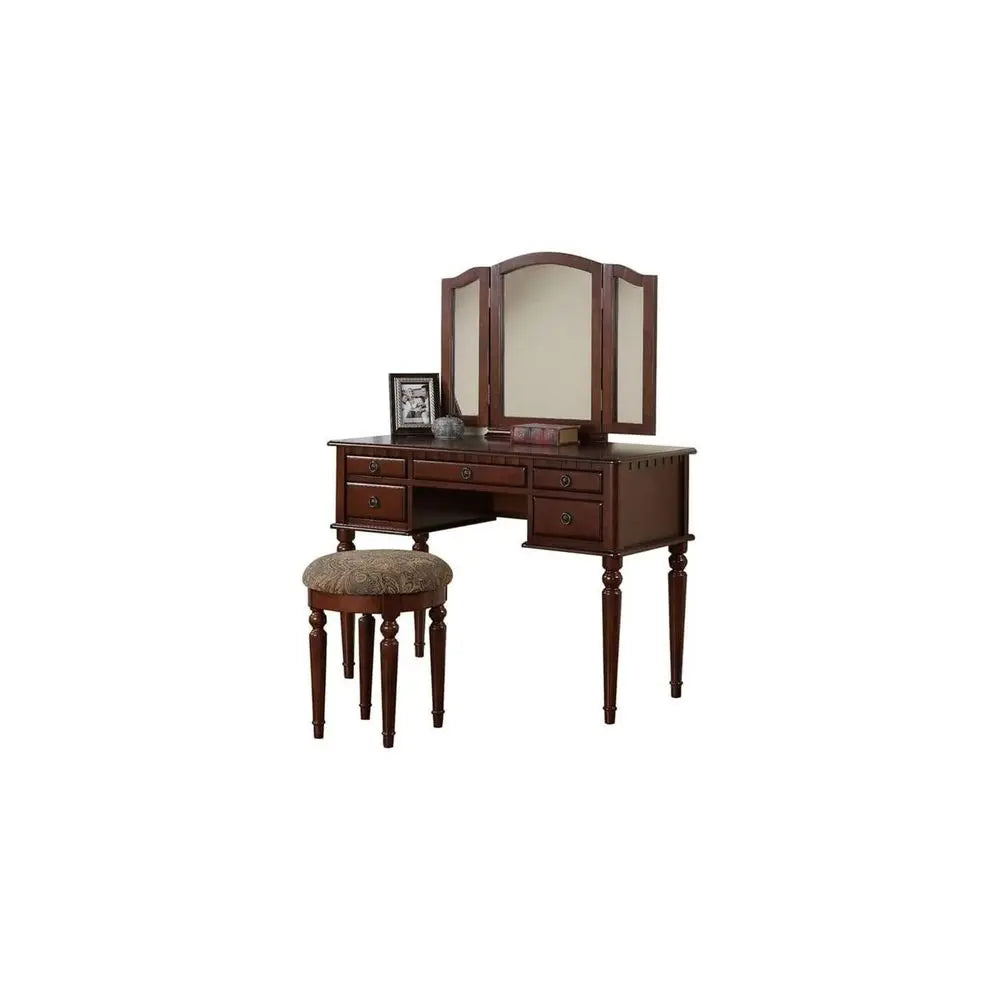 Antique Accents Furniture Wood Vanity Set with Mirror and Stool in Cherry Color