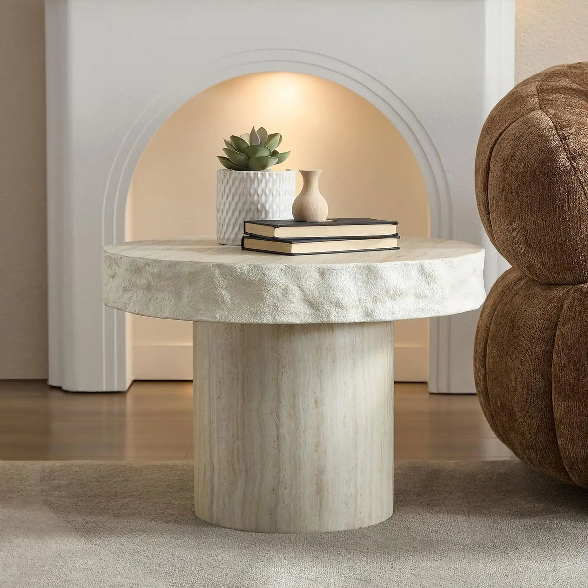 36" Oval Coffee Table, Modern Faux Stone Circle Center Table Accent Travertine Tea Table for Living Room, Magnesium, Customized