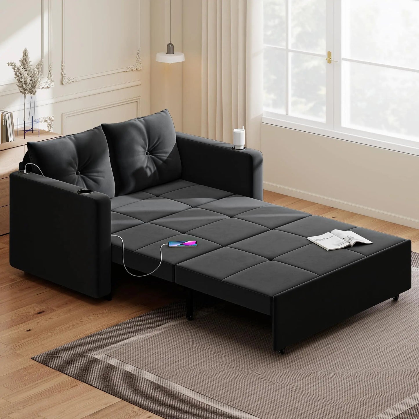 Krcix 3 In 1 Pull Out Sofa Velvet Convertible Loveseat