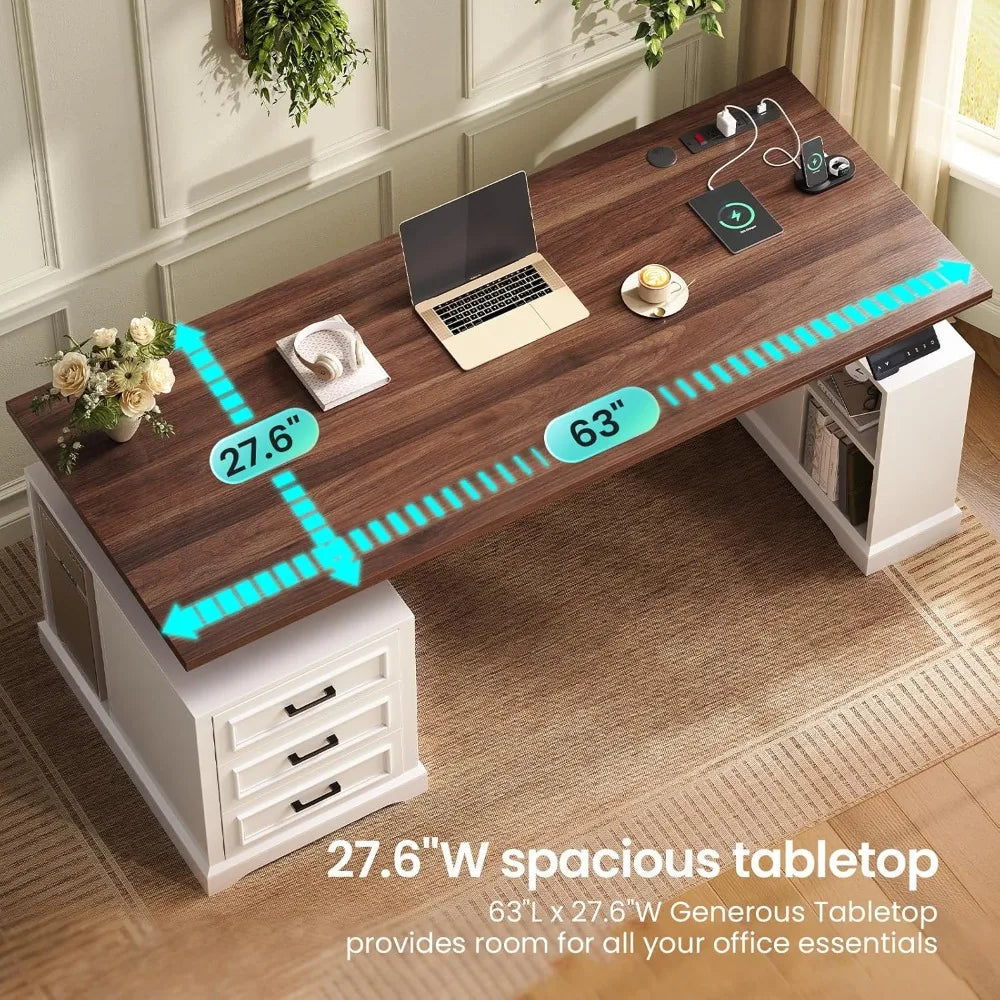 Farmhouse Electric Standing Desk, 63" Height Adjustable Computer Desk with 3 Drawers, Storage Shelves, Customized