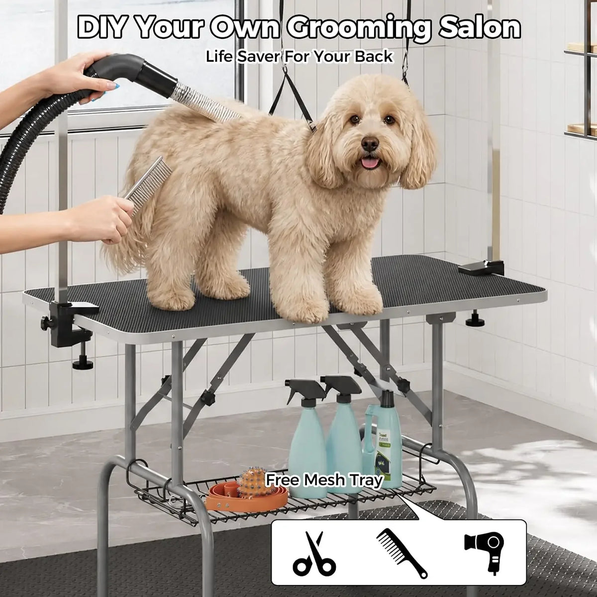 Garvee Foldable Dog Grooming Table With Adjustable Arm And Storage