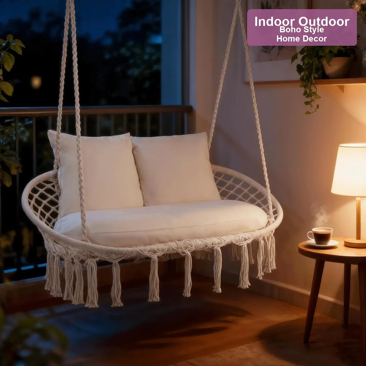 Macrame Hanging Hammock Swing Chair 2 Person Beige Cotton Rope 51x25 700 lbs with 3 Cushions Hardware Kit Indoor Outdoor