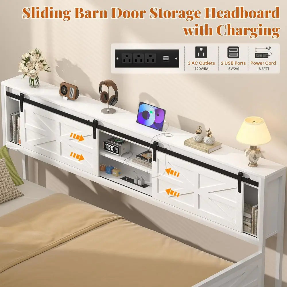 Farmhouse Twin Daybed with PopUp Trundle, Metal Trundle Bed Frame with Bookcase Headboard, Charging Station amp Barn Door Stora