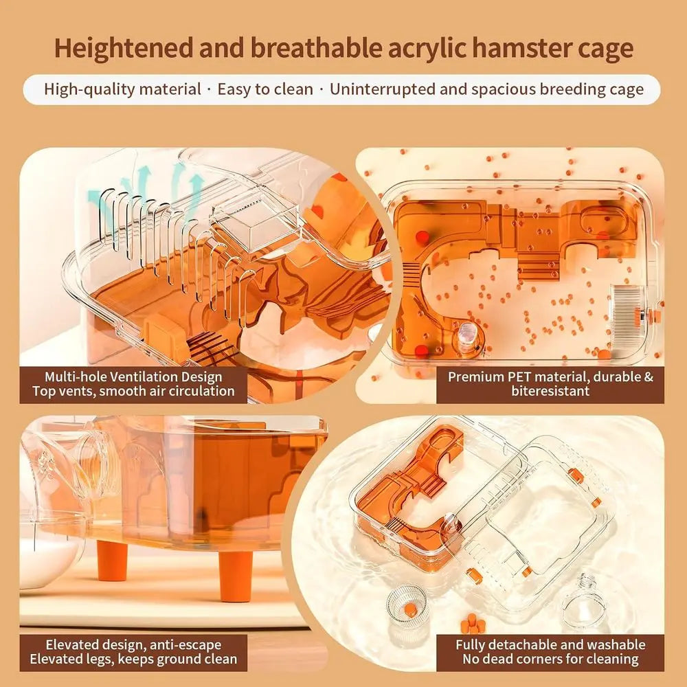 Compact 14.17x10.24x10.24 Hamster Cage with External Bath | Transparent PET Enclosure for Mice, Gerbils, Small Pets