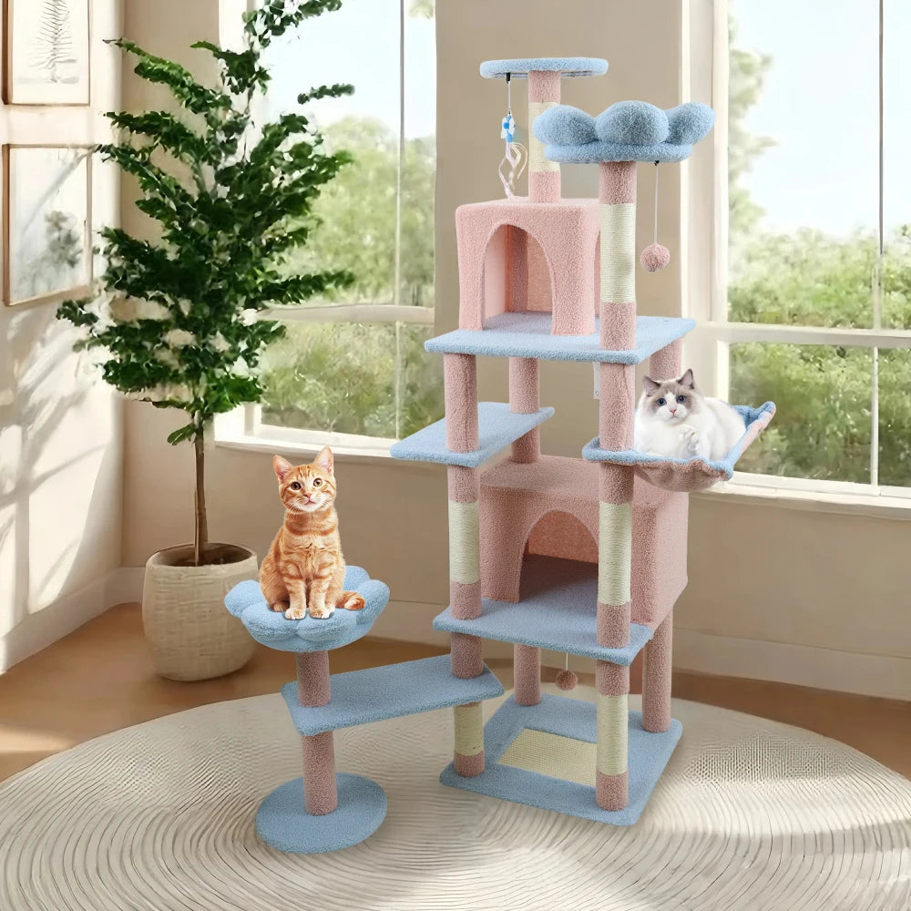 71 Inch Flower Cat Tree, Multi Level Cat Tower Indoor Cats with Large Condo, Removable Flower Cushion, Soft Hammock Pet Products