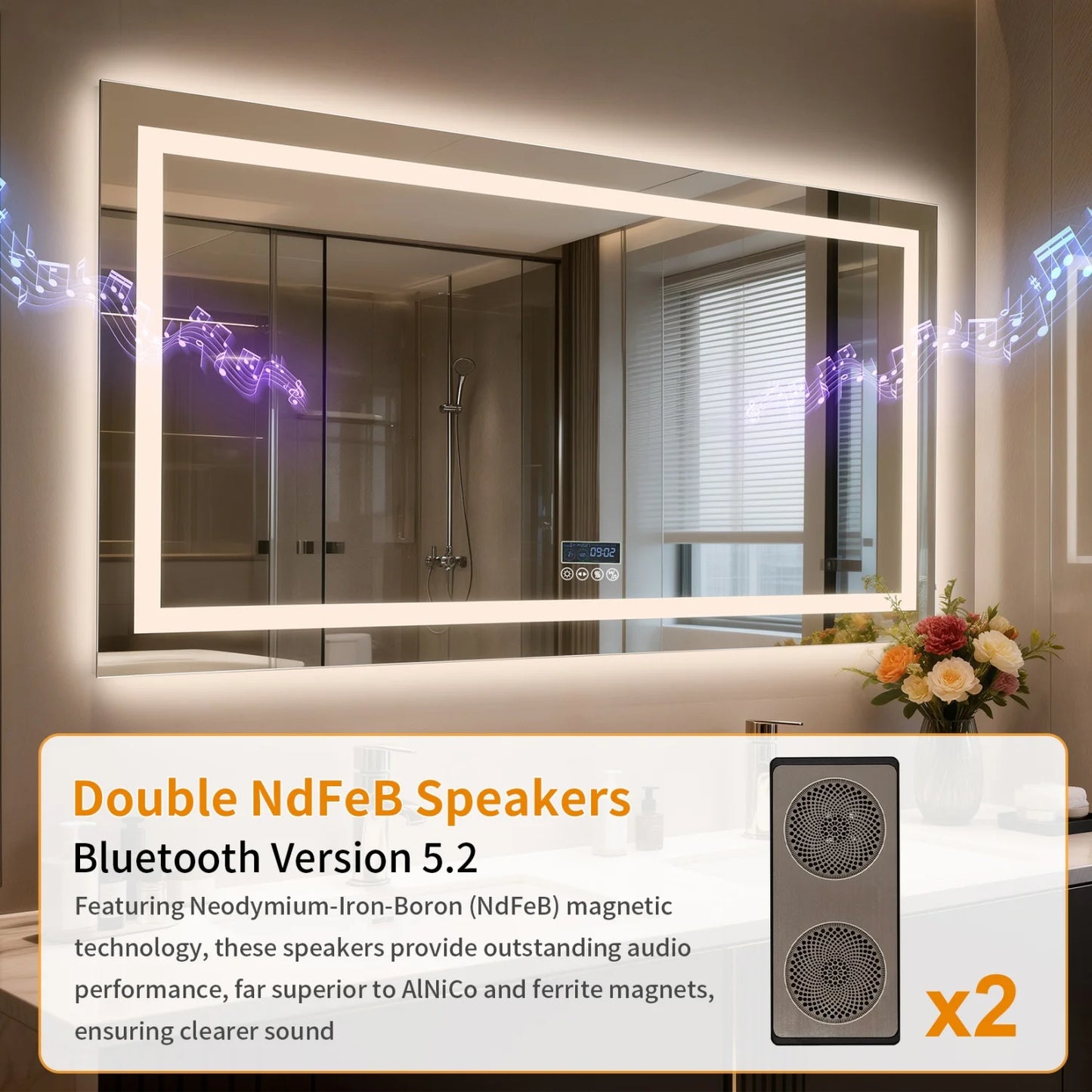 Bluetooth LED Bathroom Mirror With Dual Speakers Antifog Backlight Dimmable