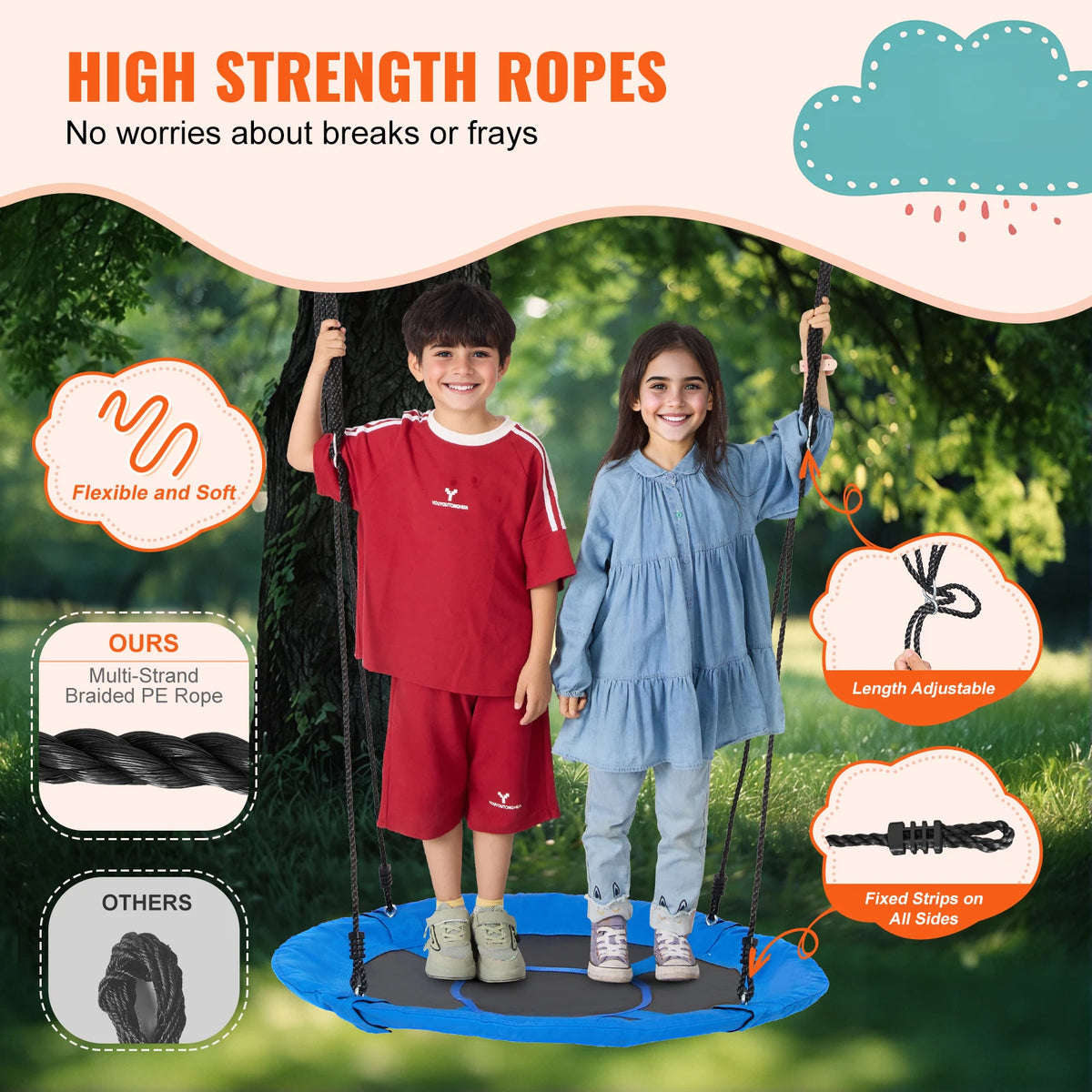SucceBuy Tree Swing, 40In Saucer Swing 750lbs Capacity 900D Oxford Fabric Swing Seat with 2 Hanging Straps for Kids Outdoor Blue