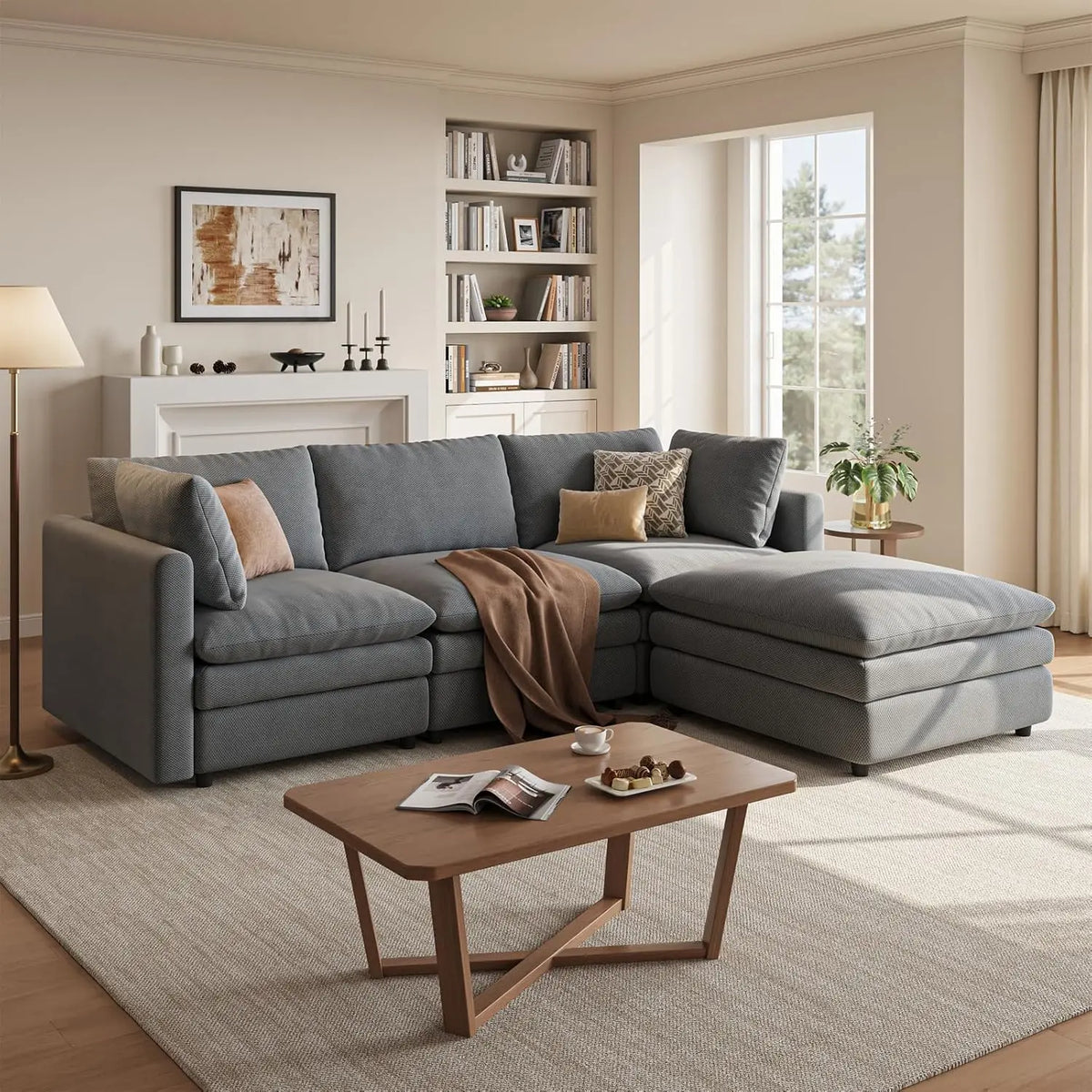 97" Deep Seat Modular Sectional Sofa with Movable Ottoman for Living Room, Custom