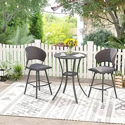 Patio 3 Pieces Outdoor Bar Set, 27.6 Round Bar Height Table with Umbrella Hole and 2 Swivel Rattan Chairs, Outdoor Bistr