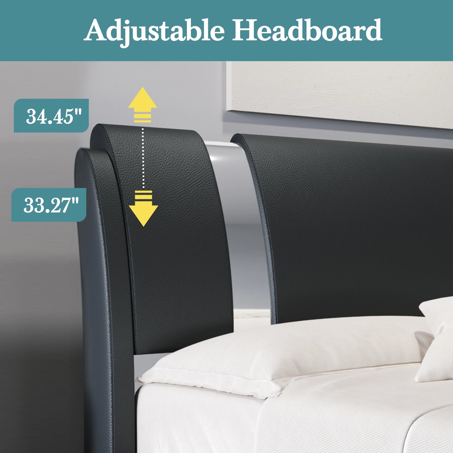 HOOMIC Modern Faux Leather Bed Frame Iron Decor Adjustable Headboard