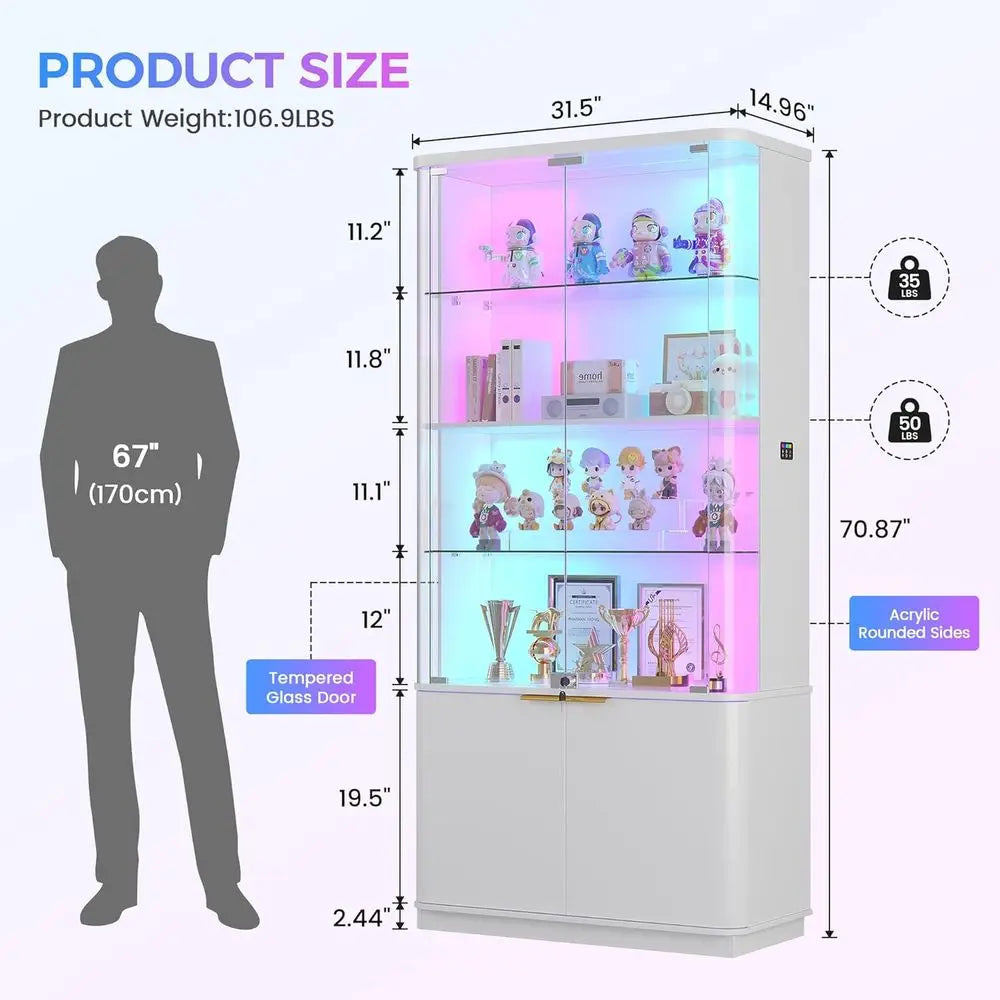 6-Tier Glass Door LED RGB Display Cabinet for Collectibles, 71 Tall, Lockable Curio Showcase in White