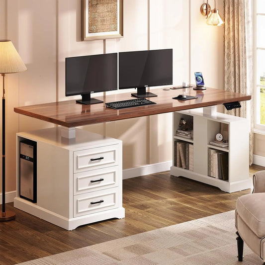 Farmhouse Electric Standing Desk, 63" Height Adjustable Computer Desk with 3 Drawers, Storage Shelves, Customized