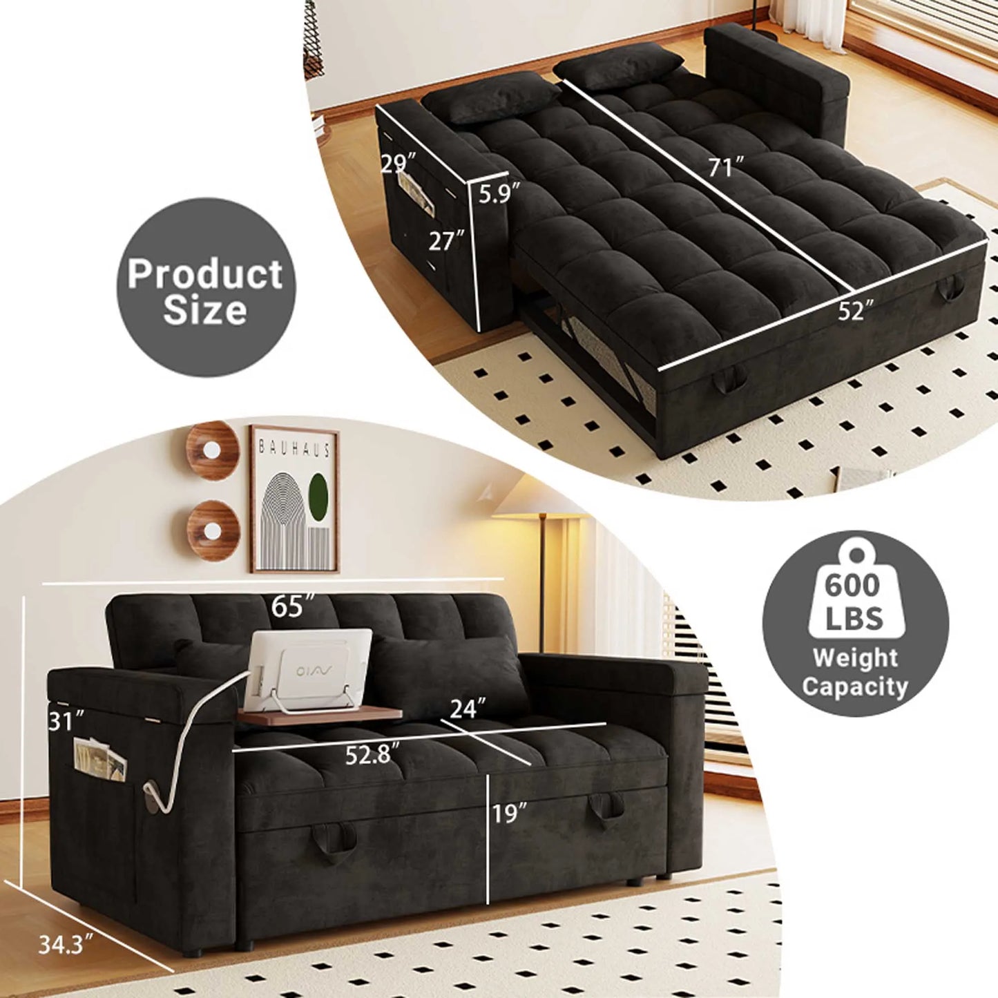 Adjustable Foldable Sofa Bed With USB Port And Storage Armrests