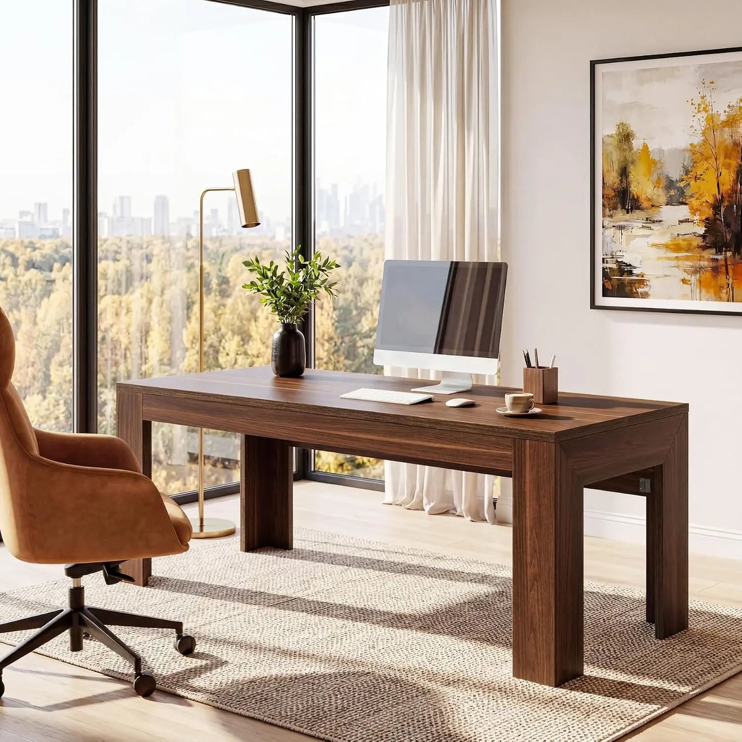 63" Modern Home Office Desk, Long Wooden Computer Desk, Walnut | Large Executive Office Desk for Home Office 31.5", Customized