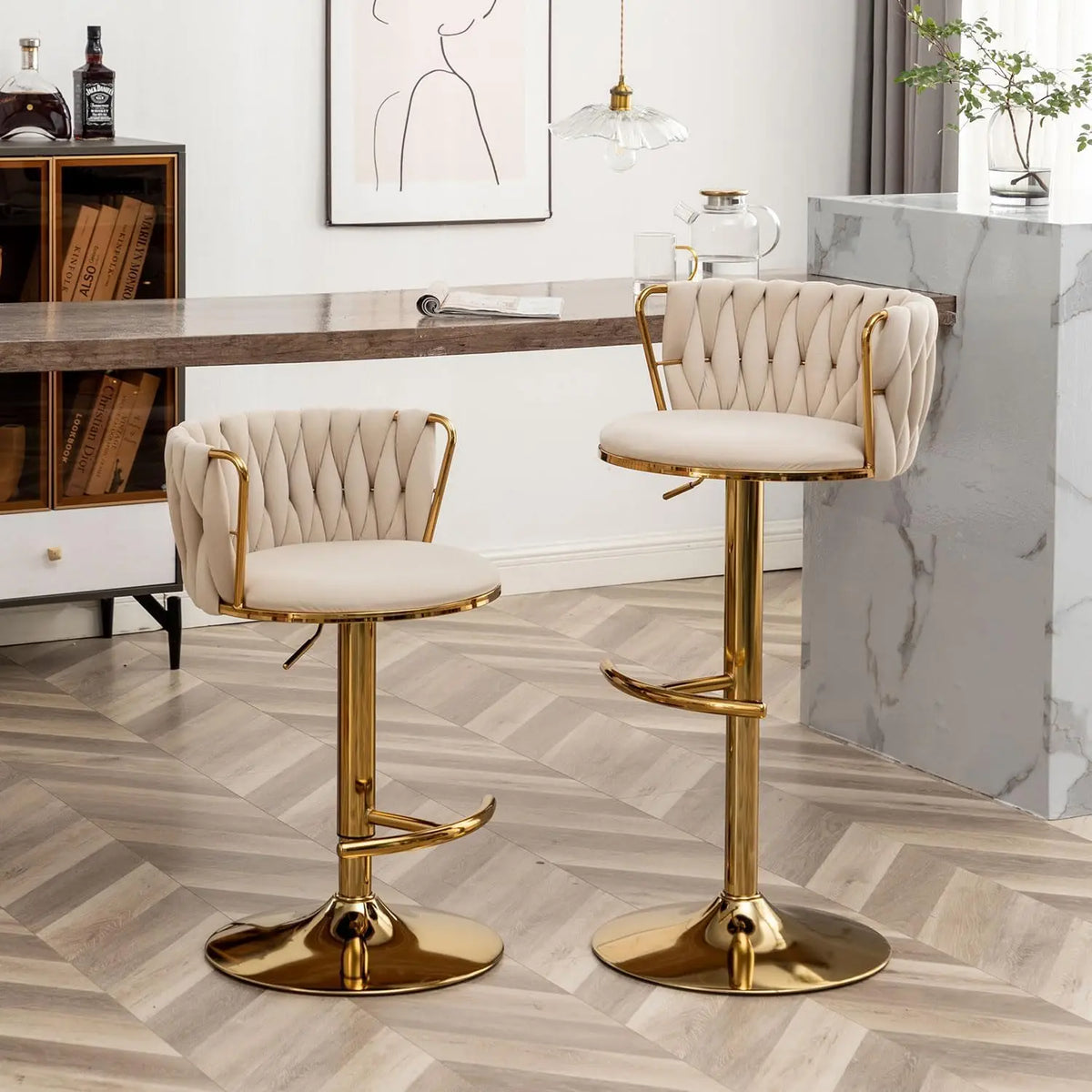 Mid Century Velvet Swivel Bar Stools With Woven Backrest and Support